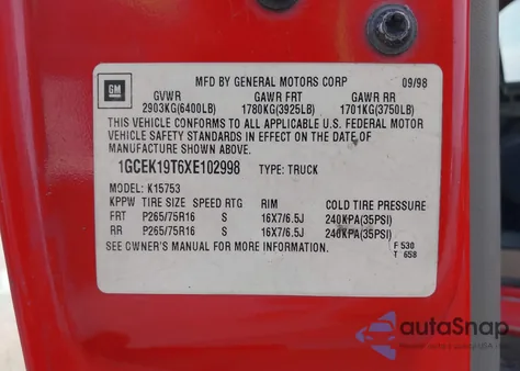 1999 Chevrolet Silverado 1500 Ls from USA, damaged, VIN 1GCEK19T6XE102998